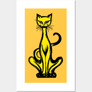 Retro 1970's Funky Groovy Yellow Jazz Cat Cartoon Posters and Art